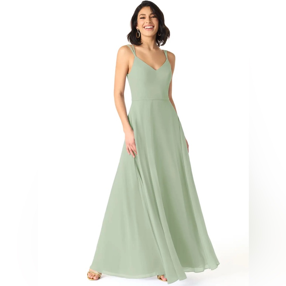 NWT Azazie Janine Bridesmaid Dress Size A6 Dusty Sage Green V Neck Chiffon Gown